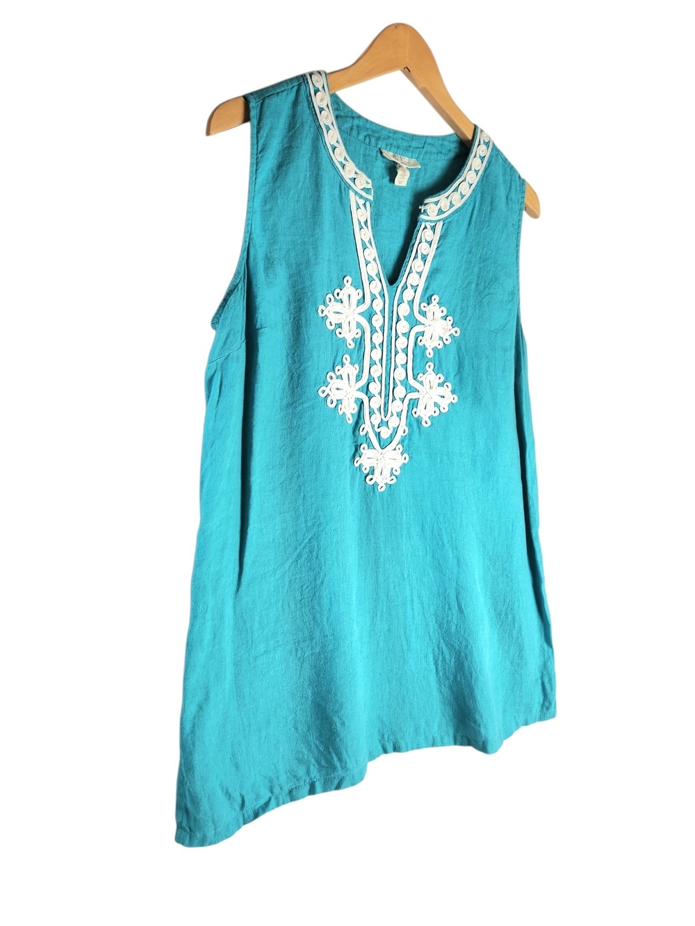 Charter Club Luxury 100% Linen Embroidered Sleeveless Tunic Top Teal Coastal Med - Picture 4 of 12